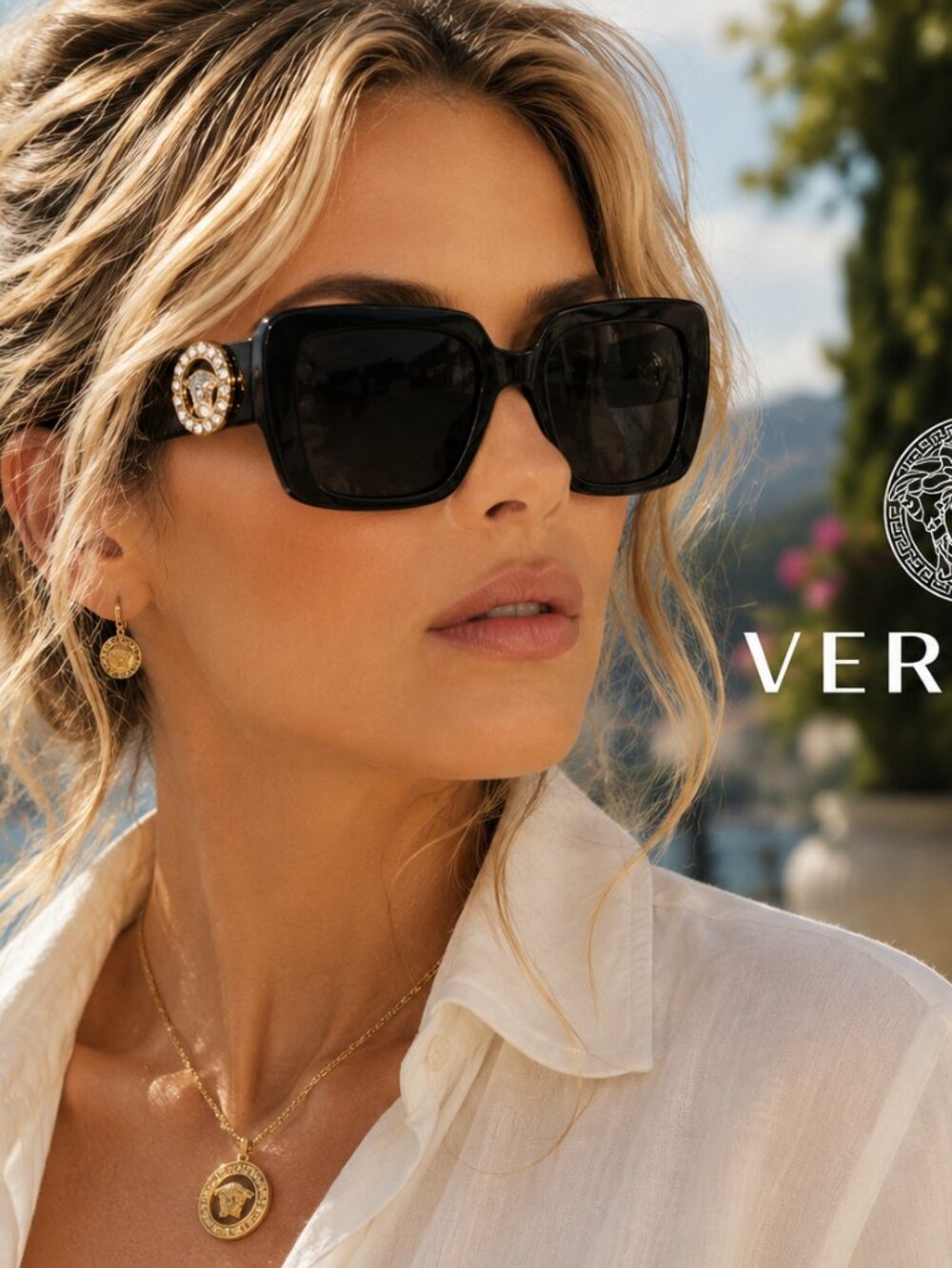 NWT Versace VE4384B Black Crystal Medusa Square Sunglasses Box & Case